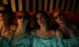 three people wearing glasses are laying down together