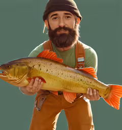 a man holding a large fish with red finks,the man is holding a fish and posing for a photo