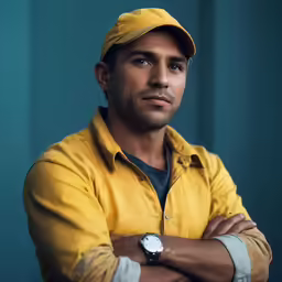a man with his arms crossed wearing a yellow shirt