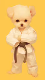 a dog with a karate suit on and a brown belt,a painting of a teddy bear dressed in white