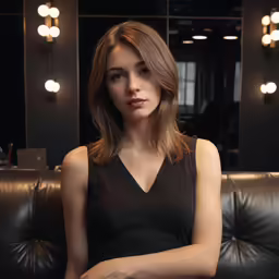 a woman with her arms crossed sitting on a couch in a room