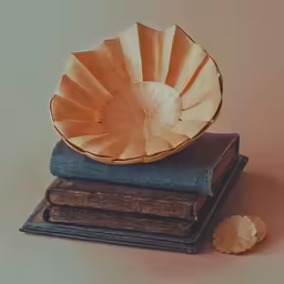 three books with some sort of a large object on them