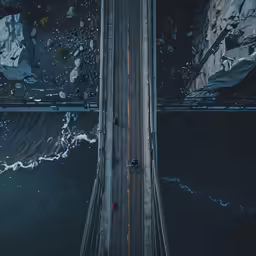 an aerial view of an elevated road going over a rocky outcropping