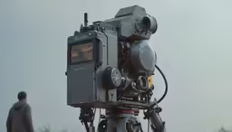 a man standing next to a large camera