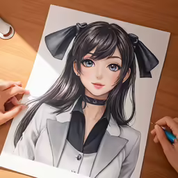 a woman drawing a portrait of a girl in a suit