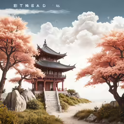 a tall red building sitting on the top of a lush green field