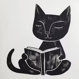 a black and white drawing of a cat reading a book,black cat is reading a book and laying down