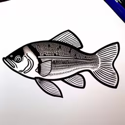 a drawing of a fish with sharp tips on white paper,a fish that is laying on a piece of paper,a fish on a piece of paper in black and white,drawing of a fish on paper with pen and crayon,a drawing of a fish sitting on top of a white paper