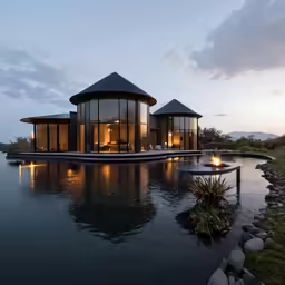 a building near water at dusk with lights on