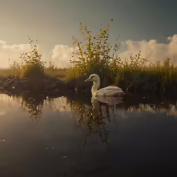 a swan sits on the bank of a lake