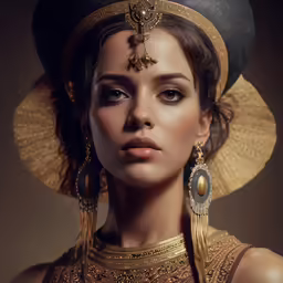 a close up of a woman wearing a large hat and tassels