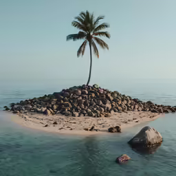 a large body of water with small rocks and a palm tree on an island