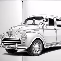 a drawing in a notebook with a car on it,an old car is shown in this book