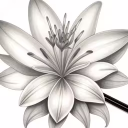a pencil drawing of a flower on a paper,a black and white pencil drawing of a flower