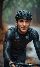 a man with wet, black clothing riding his bike through the woods