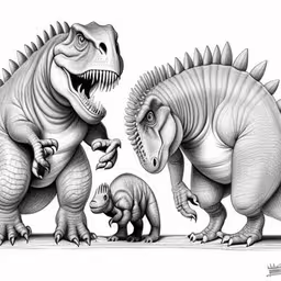 two dinosaurs in the same drawing, one on one side and another on the other,a drawing of two dinosaurs with large teeth and their baby ones
