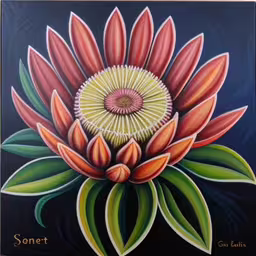 an acrylic painting of flowers done by someone,this is a painting of flowers that are featured on a wall