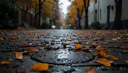 a rainy street with fallen leaves in the foreground