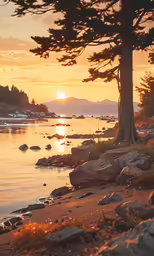trees, rocks, and water with a sunset in the background