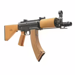 an akr rifle with wooden stock and laser scope