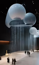people are standing around in a museum looking at the waterfall