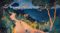 an aerial view of a couple walking down a road
