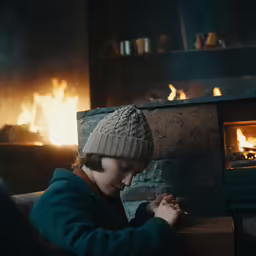 a person sitting in front of a fire and some pots