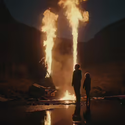 two people looking at a large fire in the desert