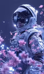 an astronaut in full gear standing among pink flowers
