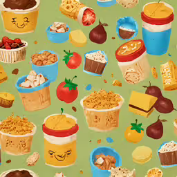 an illustrated image of desserts and snacks on a green background,a painting of many cupcakes and deserts are seen in this image