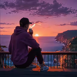 a man sitting on the edge of a balcony overlooking the ocean at sunset,a man sits on a balcony overlooking the ocean at sunset