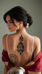 woman with back tattoo posing for the camera