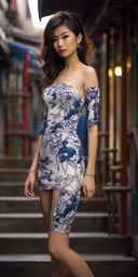 the asian woman in a tight dress poses near some stairs,a young lady is posing on some stairs