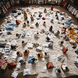 a large group of clothing laying on top of a white rug