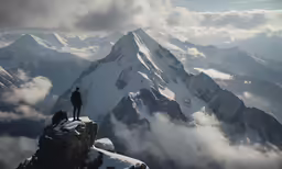 a man standing on a mountain peak overlooking clouds and mountains