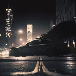a car is stopped on the street at night time