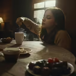 the woman is sitting at the table and smoking her cigarette