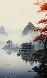 a japanese building in the fog with mountains behind it