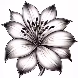 a large black and white flower on a white background,a large black and white flower with large leaves,the detailed flower is drawn on a sheet of paper,a black and white drawing of a flower,a black and white drawing of a flower