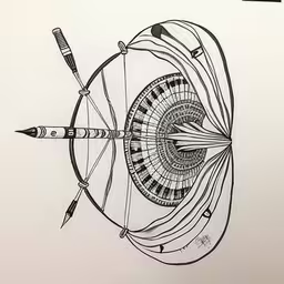 a pen drawing with a target in the center,a drawing that depicts arrows and some kind of bird,an illustration of a arrows and target aiming,black and white drawing of bow with arrow,an artistic drawing of a bow and arrows