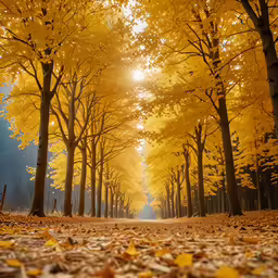 a leaf covered road with some trees lined up behind it