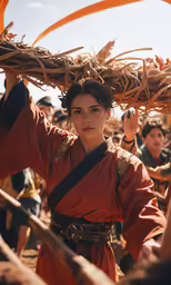 a woman dressed in orange holding a wood stick