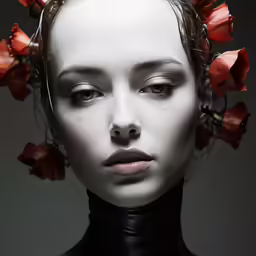 a close up of a person wearing a face with red flowers in her hair