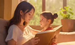 there is an adult and a young child on the couch