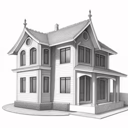 this drawing shows the front side of a two story house,a drawing of a white house with two levels