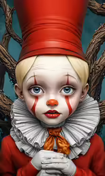 a digital painting of a clown dressed in red and white