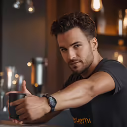 a man with curly hair pointing to something and smiling