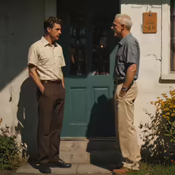 two men are standing outside looking at each other