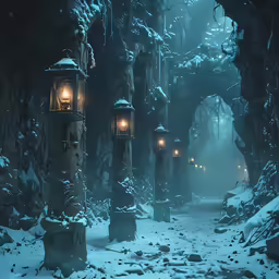 a snowy path surrounded by trees with lights on