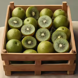 green apples in wooden container filled with lots of kiwis